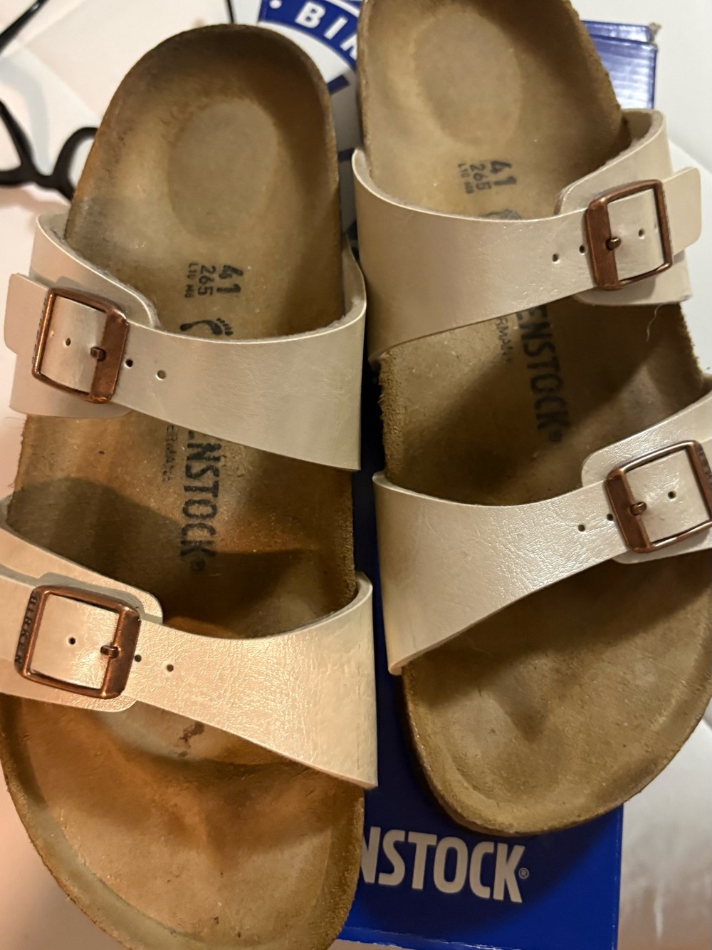 Birkenstock Cream Triple-Strap Sandals with Rose Gold Buckles